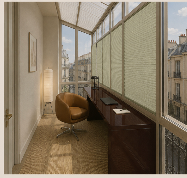 Verrière with M5080 sage-green Japanese honeycomb blinds